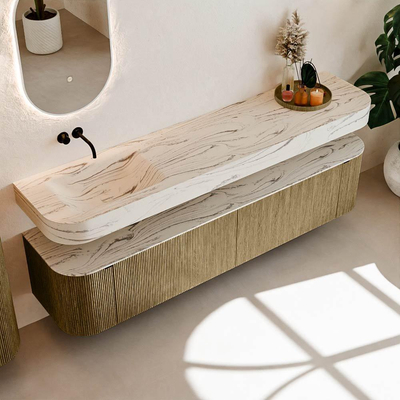 MONDIAZ THOR-DLUX 200cm meuble de salle de bains arrondi gauche + droite couleur Dusk avec 2 tiroirs et 2 portes. Vasque suspendue CLOUD Gauche sans trou de robinet couleur Nata.