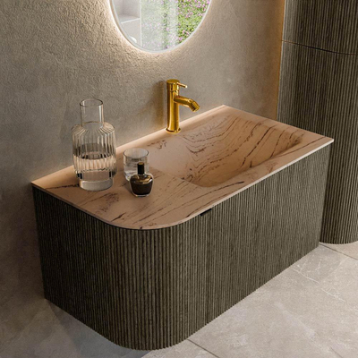 MONDIAZ KURVE-DLUX Meuble de salle de bains 85 cm arrondi à gauche couleur Shadow avec 1 tiroir et 1 porte. Lavabo CLOUD à droite 1 trou de robinet Arena.