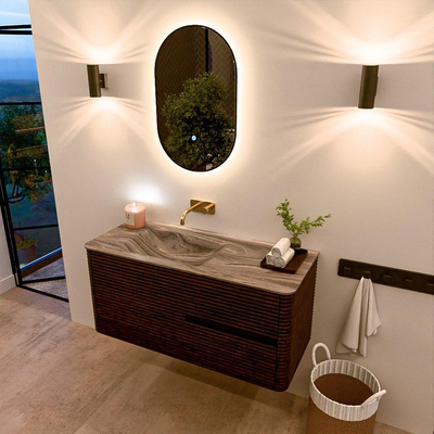 Mondiaz CIRO-DLUX Ensemble de meubles de salle de bains - 110x45x50cm - lavabo Solid surface Sombra - 1 vasque à gauche - sans trous de robinet - 2 tiroirs - Noyer