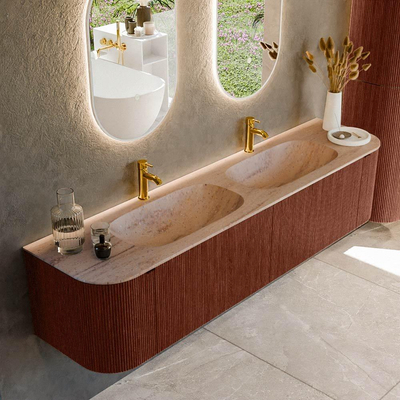 MONDIAZ KURVE-DLUX Meuble de salle de bains 190cm arrondi Gauche + Droite couleur Ruby avec 2 tiroirs et 2 portes. Lavabo STOR SMALL Double 2 trous de robinet Saba.