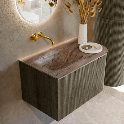 MONDIAZ KURVE-DLUX Meuble de salle de bains 75cm arrondi à droite couleur Shadow avec 1 tiroir et 1 porte. Vasque GRUNNE à gauche sans trou de robinet Oza.