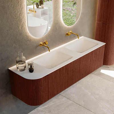 Mondiaz KURVE Ensemble de meuble de salle de bains - 155x46x40cm - 2 tiroir - 1 porte - lavabo solid surface - double / droit - sans trou de robinet - Ruby