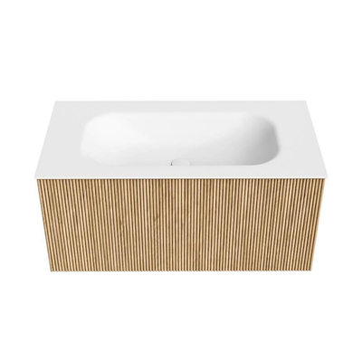 MONDIAZ KURVE 90cm Meuble salle de bain - couleur Oak - 1 tiroir - vasque BIG SMALL centre - 1 trou de robinet - Talc