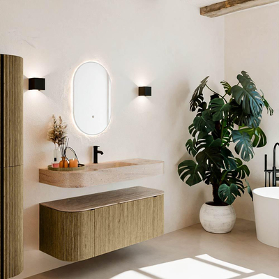 MONDIAZ THOR-DLUX 120cm meuble de salle de bains arrondi gauche + droite couleur Dusk avec 1 tiroir et 2 portes. Vasque suspendue CLOUD Milieu 1 trou de robinet couleur Saba.