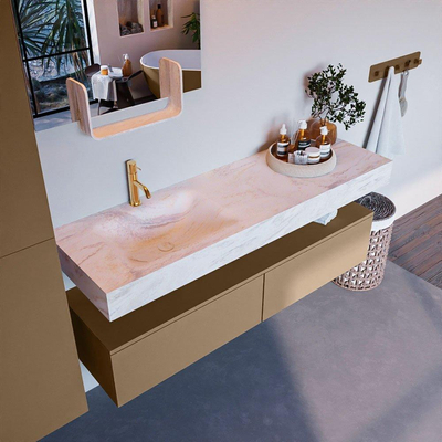 Mondiaz ALAN-DLUX Ensemble de meuble - 150cm - meuble Oro mat - 2 tiroirs - Lavabo Cloud Ostra suspendu - vasque Gauche - 1 trou de robinet