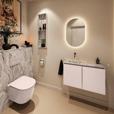 MONDIAZ TURE-DLUX Meuble toilette - 80cm - Rosee - EDEN - vasque Glace - position gauche - sans trou de robinet