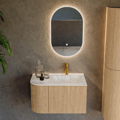 MONDIAZ KURVE-DLUX 75cm Meuble salle de bain avec module 25 G - couleur Oak - 1 tiroir - 1 porte - vasque GRUNNE droite - 1 trou de robinet - couleur Glace