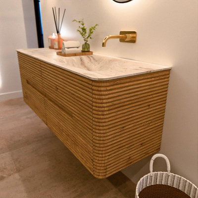 Mondiaz CIRO-DLUX Meuble de salle de bains - 140x45x50cm - Plan vasque solid surface Frappe - 1 vasque à droite - sans trous de robinetterie - 4 tiroirs - Chêne