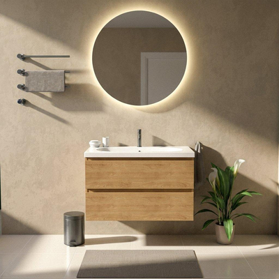 Saniclass Holz Pure Ensemble meuble de salle de bains - 100x45x63.5cm - lavabo en céramique Palermo blanc - 1 vasque - 1 trou de robinet - 2 tiroirs - chêne natural mat (bois)