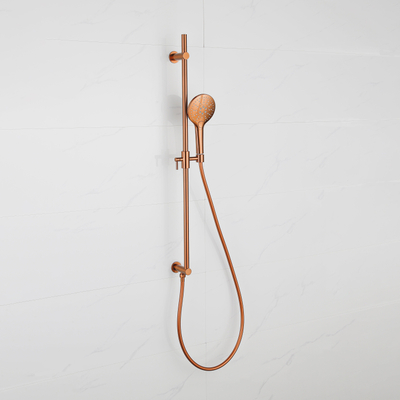 Fortifura Calvi Ensemble barre de douche - raccord mural intégré - flexible de douche lisse - douchette ronde - Laiton brossé PVD (Cuivre)