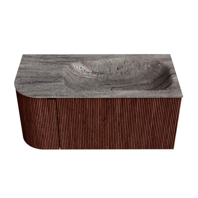 MONDIAZ KURVE-DLUX Meuble de salle de bains 95cm arrondi à gauche couleur Ruby avec 1 tiroir et 1 porte. Lavabo BIG SMALL à droite sans trou de robinet Oza.