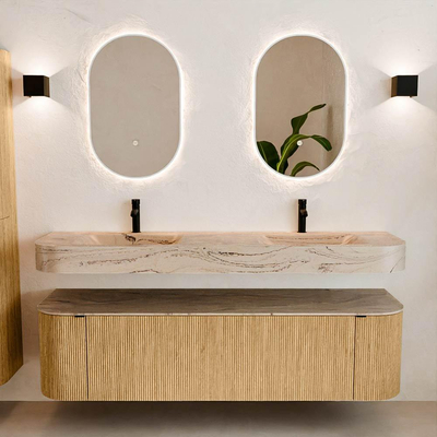 MONDIAZ THOR-DLUX Meuble de salle de bains 170cm arrondi gauche + droite couleur Oak avec 1 tiroir et 2 portes. Vasque suspendue CLOUD Double 2 trous de robinet couleur Arena.