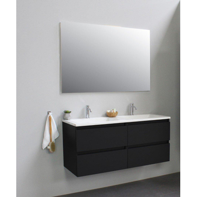 Basic Line Bella Badkamermeubelset - 120x55x46cm - 2 wasbakken - Acryl - Wit - 2 kraangaten - Wandspiegel zonder verlichting - Spaanplaat Zwart mat