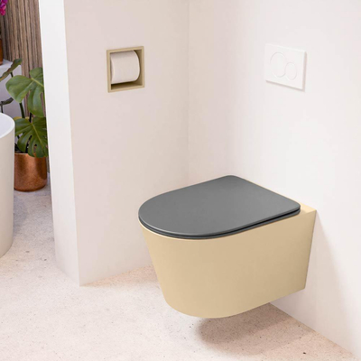 Mondiaz LAVIE hangtoilet – spoelrandloos – 36 x 53 cm – met softclose zitting – Sand (beige), zitting Dark grey (grijs)