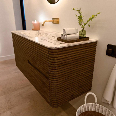 Mondiaz CIRO-DLUX Badkamermeubelset - 110x45x50cm - Solid surface wastafel Glace - 1 wasbak Links - zonder kraangaten - 2 lades - Dusk