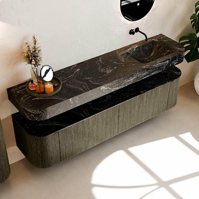 MONDIAZ THOR-DLUX 190cm meuble de salle de bains arrondi gauche + droite couleur Shadow avec 2 tiroirs et 2 portes. Vasque suspendue CLOUD droite sans trou de robinet couleur Lava.