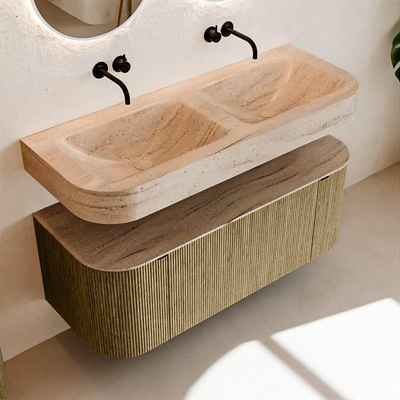 MONDIAZ THOR-DLUX 120cm meuble de salle de bains arrondi gauche + droite couleur Dusk avec 1 tiroir et 2 portes. Vasque suspendue CLOUD Double sans trou de robinet couleur Saba.