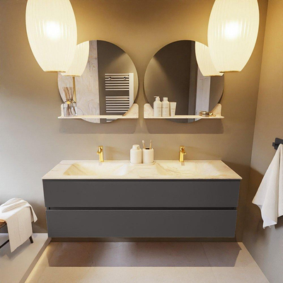 Mondiaz VICA-DLUX ensemble de meuble de salle de bain - 150cm - meuble sous-vasque gris foncé - 2 tiroirs - lavabo encastré cloud double - 2 trous de robinet - version haute de 60cm - ostra