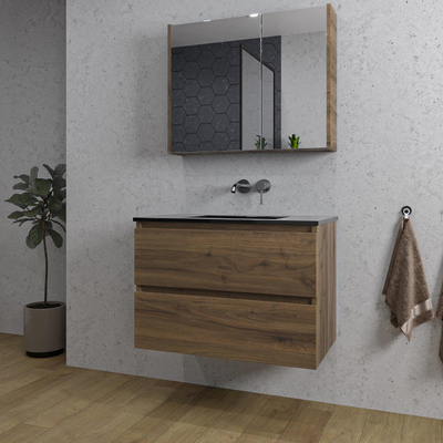 Saniclass Chaci Meuble de salle de bain - 80x46x55cm - lavabo en céramique noir - 1 vasque - sans trou de robinet - 2 tiroirs - armoire miroir - noyer (hout)