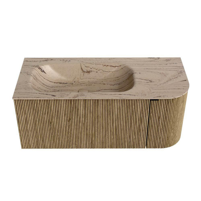 MONDIAZ KURVE-DLUX Meuble de salle de bains 105cm arrondi à droite couleur Dusk avec 1 tiroir et 1 porte. Lavabo BIG SMALL à gauche sans trou de robinet Arena.