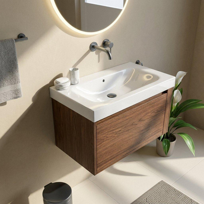Saniclass Holz Frame Ensemble meuble de salle de bains - 80x45x47.5cm - lavabo Wave en céramique - 1 vasque - sans trou de robinet - 1 tiroir - walnut pure mat (bois)