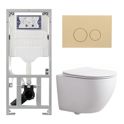 Pack WC QeramiQ Dely Swirl Compact - réservoir encastrable Geberit UP320 - avec bâti-support Burda - abattant slim - plaque de commande en plastique beige - boutons ronds - blanc mat