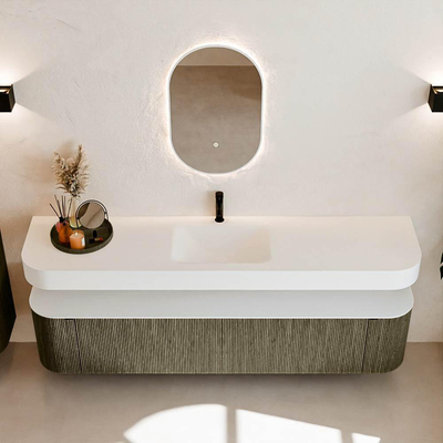 MONDIAZ THOR Meuble de salle de bains 200cm arrondi gauche + droite couleur Shadow avec 2 tiroirs et 2 portes. Vasque suspendue CLOUD Milieu 1 trou de robinet couleur Talc.