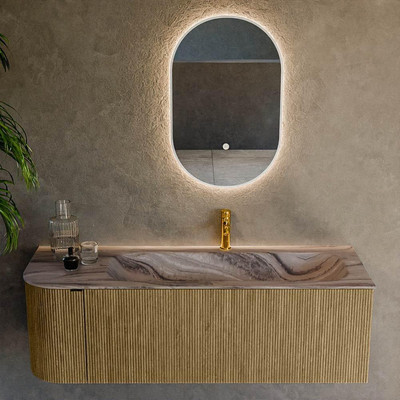 MONDIAZ KURVE-DLUX 135cm badmeubel ronding Links kleur Dusk met 1 lade en 1 deur. Wastafel BIG MEDIUM Rechts 1 kraangat Sombra.