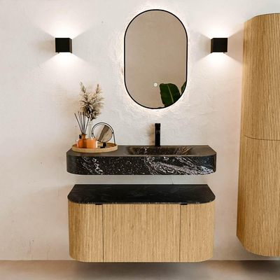 MONDIAZ THOR-DLUX 100cm badmeubel ronding links + rechts kleur Oak met 1 lade en 2 deuren. Vrijhangende wastafel CLOUD Rechts 1 kraangat kleur Lava.