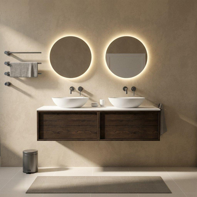 Saniclass Holz Frame Ensemble meuble de salle de bains - 160x45x42.5cm - plan de toilette Torino en solid surface blanc - sans trou de robinet - 2 tiroirs - chêne charcoal mat (bois)