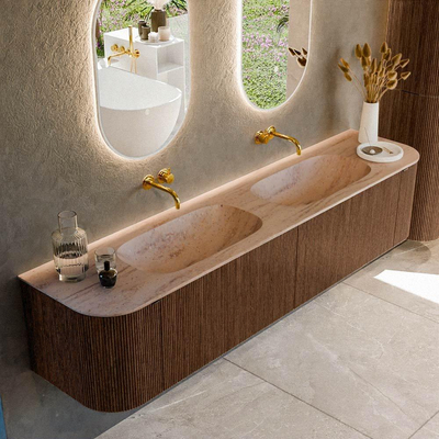 MONDIAZ KURVE-DLUX Meuble de salle de bains 200cm arrondi Gauche + Droite couleur Walnut avec 2 tiroirs et 2 portes. Lavabo STOR SMALL Double sans trou de robinet Saba.