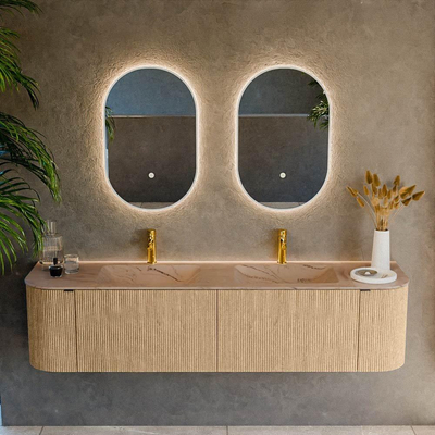 MONDIAZ KURVE-DLUX Meuble de salle de bains 180cm arrondi Gauche + Droite couleur Chêne avec 2 tiroirs et 2 portes. Lavabo LEAF Double 2 trous de robinet Arena.