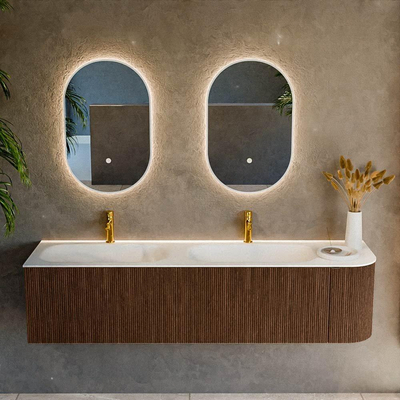 MONDIAZ KURVE 175cm Meuble salle de bain avec module 25 D - couleur Walnut - 2 tiroirs - 1 porte - vasque BIG SMALL double / gauche - 2 trous de robinet - Talc