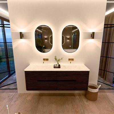 Mondiaz CIRO-DLUX Meuble de salle de bains - 150x45x50cm - Plan vasque en solid surface Opalo - 2 vasques Double - sans trous de robinetterie - 4 tiroirs - Noyer