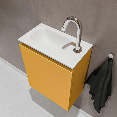 MONDIAZ TURE Fonteinset - 40x23x50cm - 1 kraangat - 1 deur - ocher mat - Wasbak links - Solid Surface Wit