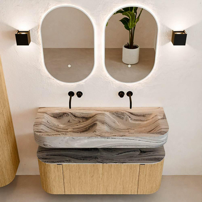MONDIAZ THOR-DLUX 120cm badmeubel ronding links + rechts kleur Oak met 1 lade en 2 deuren. Vrijhangende wastafel CLOUD Dubbel zonder kraangat kleur Sombra.