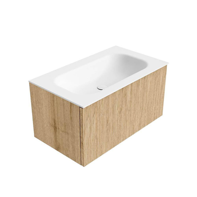 MONDIAZ KURVE Meuble de salle de bains 80cm couleur Oak avec 1 tiroir. Lavabo BIG SMALL central sans trou de robinet Talc.