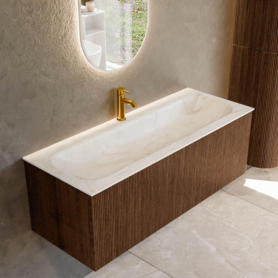 MONDIAZ KURVE-DLUX 120cm badmeubel kleur Walnut met 1 lade. Wastafel BIG LARGE midden 1 kraangat kleur Ostra.