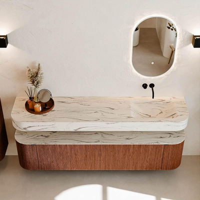 MONDIAZ THOR-DLUX Meuble de salle de bains - 190cm - arrondi gauche + droite - couleur Ruby - 2 tiroirs et 2 portes - Vasque suspendue CLOUD Droite sans trou de robinet - couleur Nata