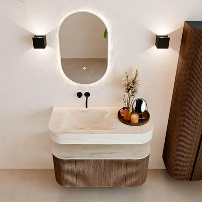 MONDIAZ THOR-DLUX Meuble de salle de bains - 100cm - arrondi gauche + droite - couleur Walnut - 1 tiroir et 2 portes - Vasque suspendue CLOUD Gauche sans trou de robinet - couleur Meli