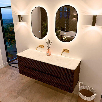 Mondiaz CIRO-DLUX Badkamermeubelset - 140x45x50cm - Solid surface wastafel Opalo - 2 wasbak Dubbel - zonder kraangaten - 4 lades - Walnut