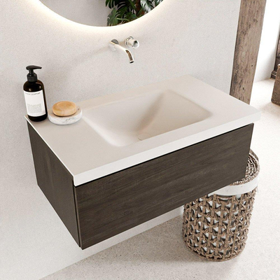 Mondiaz BUKLA Ensemble de meuble - 80x45x34cm - 0 trous de robinet - lavabo centré - solid surface - Talc - sans poignée - 1 tiroir - Mélamine - Marron foncé