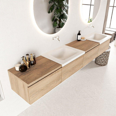 MONDIAZ BUKLA 240cm ensemble de meuble avec module 60 gauche couleur Chêne blanchi avec 4 tiroirs. Lavabo CLOUD double 0 trou de robinet couleur Talc.