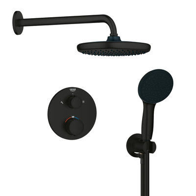 Grohe Precision Ensemble de douche complet - douchette de 11cm offrant 2 types de jets - tête de douche 25cm - mitigeur de douche encastré thermostatique - rond - avec inverseur - noir mat