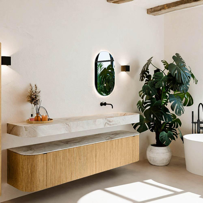 MONDIAZ THOR-DLUX 200cm meuble de salle de bains arrondi gauche + droite couleur Chêne avec 2 tiroirs et 2 portes. Vasque suspendue CLOUD Droite sans trou de robinet couleur Frappe.