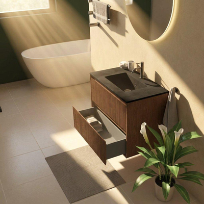 Saniclass Holz Atelier Ensemble de meubles de salle de bains - 80x45x62cm - Lavabo Vygo en céramique noir - 1 vasque - 1 trou de robinet - 2 tiroirs - walnut pure mat (bois)