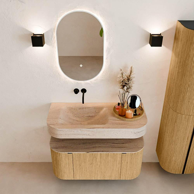 MONDIAZ THOR-DLUX 100cm badmeubel ronding links + rechts kleur Oak met 1 lade en 2 deuren. Vrijhangende wastafel CLOUD Links zonder kraangat kleur Saba.