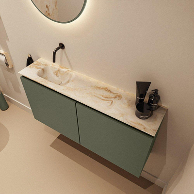 MONDIAZ TURE-DLUX meuble WC 100 cm Army. Lavabo EDEN Frappe position gauche. Sans trou de robinet.