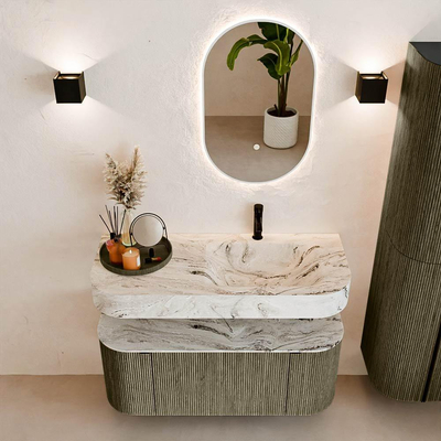 MONDIAZ THOR-DLUX Meuble de salle de bains 110cm arrondi gauche + droite couleur Shadow avec 1 tiroir et 2 portes. Vasque suspendue CLOUD Droite 1 trou de robinet couleur Glace.