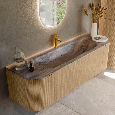 MONDIAZ KURVE-DLUX Meuble de salle de bains 150cm arrondi Gauche + Droite couleur Chêne avec 1 tiroir et 2 portes. Lavabo BIG MEDIUM Centre 1 trou de robinet Oza.